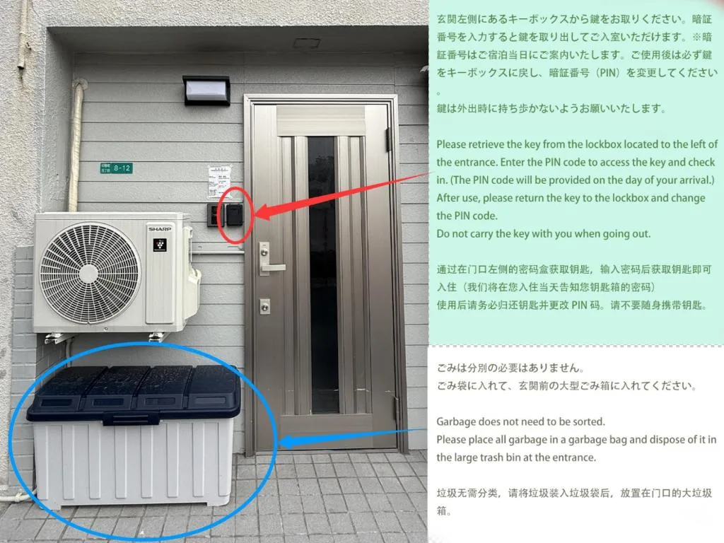 宽居民宿入口实拍：门左侧红圈标出钥匙盒，门前蓝圈标出大垃圾桶